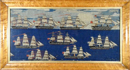 Sailor's Woolwork or Woolie of a Fleet of Royal Navy Ships, Circa 1865. SOLD •