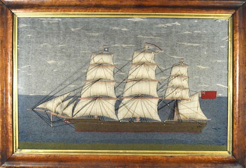 Sailor's Woolwork or Woolie Large Picture of a Ship, Circa 1865. SOLD •