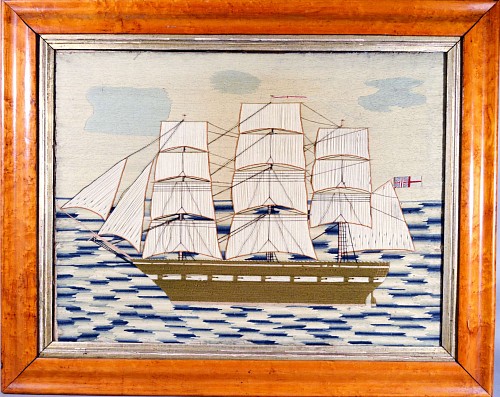 British Sailor's Woolwork Woolie Picture of Royal Navy Ship, Circa 1865-75. SOLD •