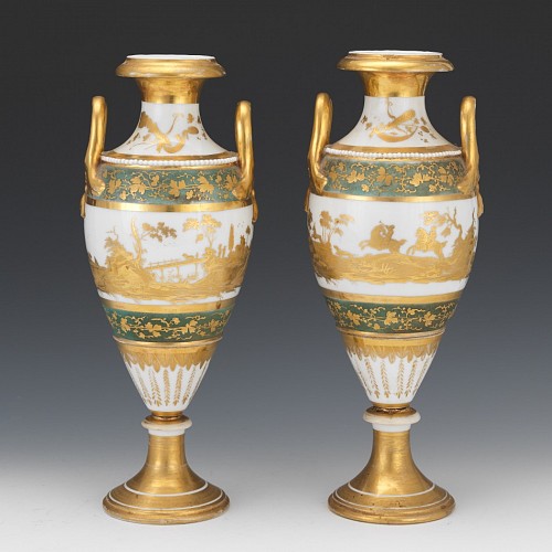 Pair of Paris Green and Gilt Porcelain Hunting Vases, Circa 1825. SOLD •