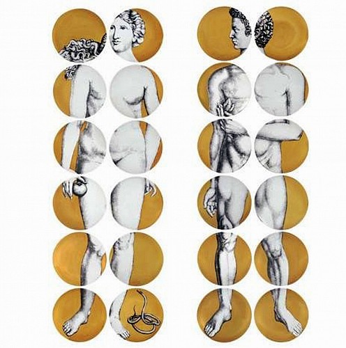 Piero Fornasetti Gold Adam & Eve Porcelain Plates, 1960s-70s. SOLD •