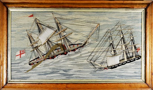 Sailor's Woolwork Woolie of Two Royal Navy Ships in Rough Seas, Circa 1865-75. SOLD •