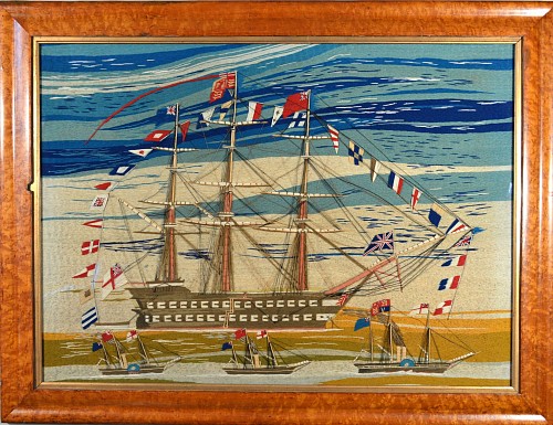 Sailor's Woolwork of Four Ships including Fully Dressed Battle Ship and Royal Yacht, Circa 1865 SOLD •