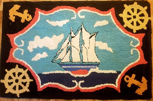 Vintage American Folk Art Nautical Hooked Rug, 20th century. SOLD •