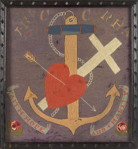 Sailor's Woolwork Depicting Anchor, Chain, and Cross, Circa 1875. SOLD •