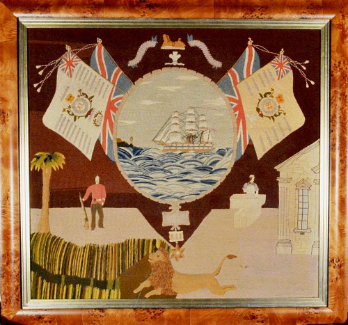 Large Sailor's Woolwork depicting the Troopship HMS Jumna and Battle Flags of the 82nd Regiment of Foot & the 40th Regiment of Foot. Circa 1881. SOLD •