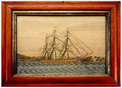 Sailor's Woolwork Picture of Royal Navy Frigate with Land in Background, Circa 1865. SOLD •