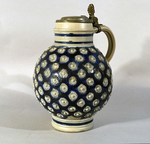 Large Westerwald Stoneware Jug with Original Pewter Cover, Third quarter 17th century. SOLD •