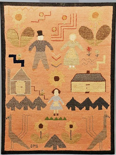 American Folk Art Pictorial Cotton Hooked Rug, early 20th Century. SOLD •