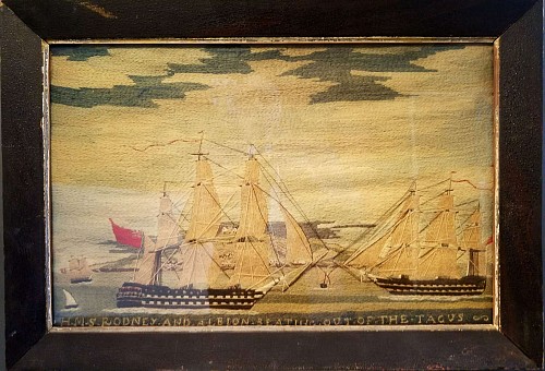 Sailor's Woolwork English Sailorâ€™s Woolwork featuring the HMS Rodney and the HMS Albion,
Inscribed HMS Rodney and Albion Beating out of the Tagus, Circa 1860 SOLD •