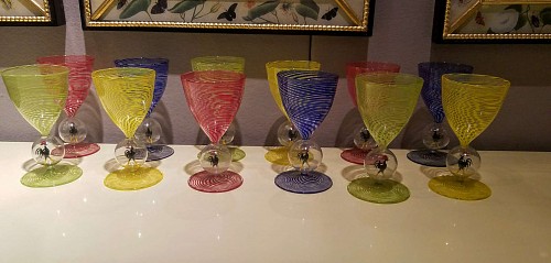 Bimini Glass Set of Twelve Glasses with a Cockeral in base, 1930s. SOLD •