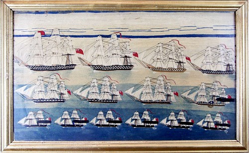 Large Sailor's Woolwork with Fleet with Fourteen Ships, Circa 1865 SOLD •
