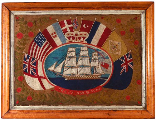 Sailor's Woolwork British Sailor's Flag of Nations Woolwork, HMS Trafalgar, 91 Guns., Circa 1865. SOLD •
