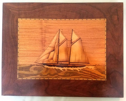 Inventory: Wood Marquetry Plaque of a Two-masted Schooner, Signed & Dated B. Frank Ibach, July, 1936. SOLD &bull;