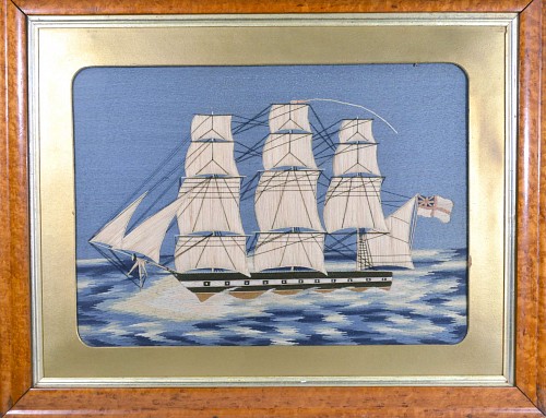 British Sailor's Trapunto Woolwork of a Royal Navy Frigate,, Circa 1870. SOLD •
