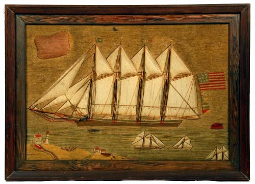 Large American Sailor's Woolwork of a Four-Masted Maine Schooner, Circa 1880. SOLD •