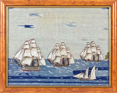 Sailor's Woolwork British Sailor's Woolwork of Four Ships off The Coast, Circa 1875 SOLD •