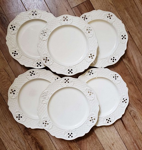 Creamware Pottery Set of Six European Creamware Openwork Dessert Plates,  Possibly Waechtersbach, Germany., Circa 1880s. SOLD •