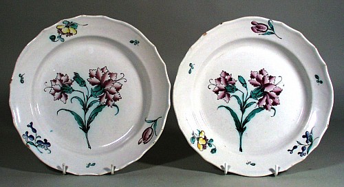 A Pair of French Faience Plates Painted With A Double Carnation, Circa 1750. SOLD •