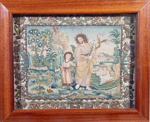 A Fine Italain Silkwork Picture Depicting  Joseph & the Child Jesus, circa 1730-40. SOLD •