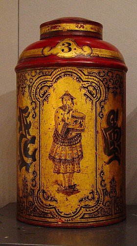 English Red-ground Chinoiserie Tea Tins,, Circa 1820-40 SOLD •