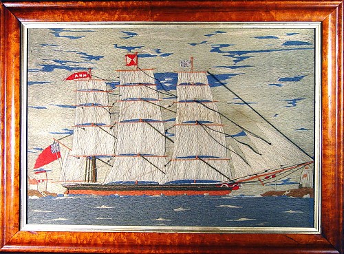 Sailor's Woolwork English Sailor's Woolwork Picture-a woolie- of the ship "Ann",, Circa 1870 SOLD •