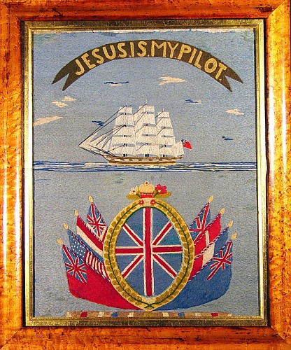 Sailor's Woolwork British Sailor's Woolwork Picture-a woolie- of a Ship, Flags and motto "Jesus is my Pilot",, Circa 1885 SOLD •