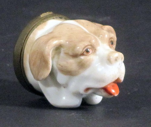 Inventory: A Royal Copenhagen Porcelain Box in the form of a St Bernard 's Head with Polished Stone Cover, Circa 1860 SOLD &bull;