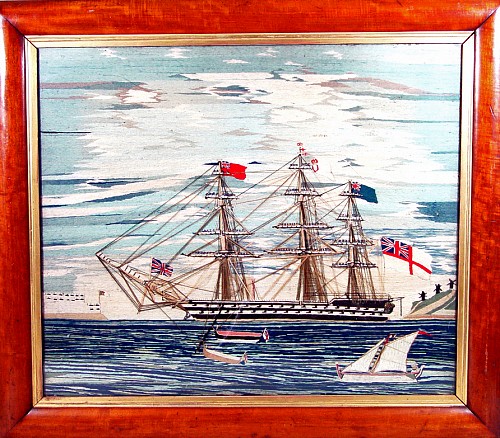 Sailor's Woolwork English Woolwork or Woolie of a Royal Navy Ship with Sailors on the Yardarms,, Circa 1865-70 SOLD •