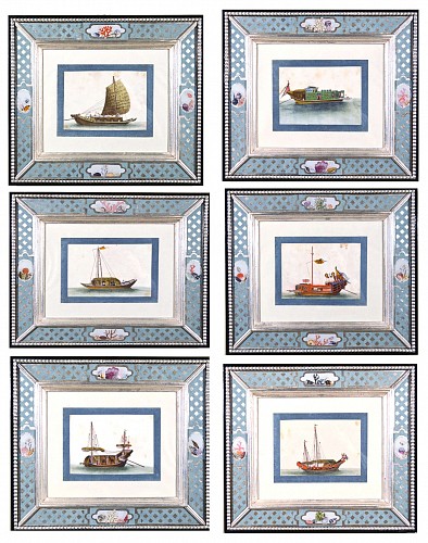 China Trade Chinese China Trade Watercolours of Junks & Sampans, Set of Six,, Circa 1850. SOLD •