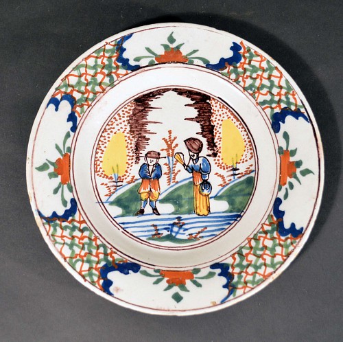 A Dutch Delft Polychrome Plate with Chinoiserie Figures, Circa 1760 SOLD •
