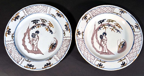 British Delftware English Manganese Chinoiserie Plates, Bristol,, Circa 1760. SOLD •