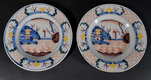 A Pair of Dutch Delft Polychrome Chinoiserie Plates, Circa 1740-50. SOLD •