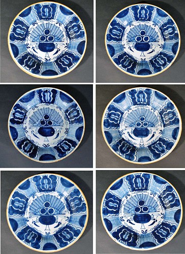 Dutch Delft Underglaze Blue Set of Six Peacock or Fan Plates, Three Bells Factory, - Circa 1760 SOLD •