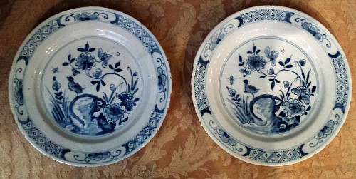 British Delftware English Underglaze Blue Delftware Plates Decorated with Birds and Rockwork., Circa 1760. SOLD •