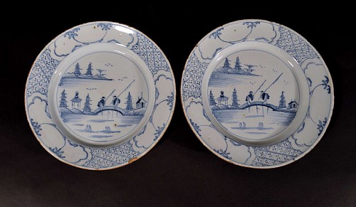 English Delftware Small Underglaze Blue and White Chinoiserie Plates, Liverpool, Circa 1760 SOLD •
