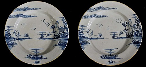 A Pair of Large English Underglaze Blue Chinoiserie Delftware Dishes, Probably  Bristol, Circa 1760. SOLD •