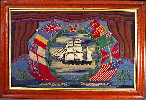 A Large and Unusual British Woolwork Picture of a Telescopic View of a Ship with Flag Border, Dated March 30, 1878. SOLD •