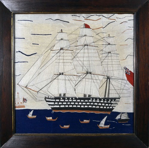 An English Sailor's Woolwork Picture of a Ship (woolie), Circa 1870. SOLD •