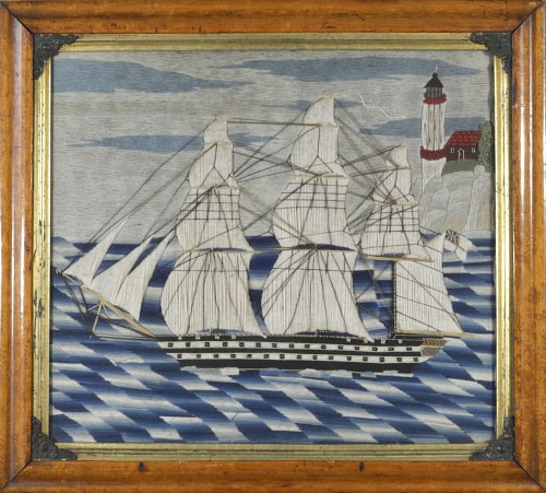 A Great Small English Sailor's Woolwork (woolie) of a Royal Navy Ship, Circa 1870. SOLD •