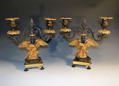 Regency Bronze and Ormolu Pair of  Eagle Candlestick, Circa 1830. SOLD •