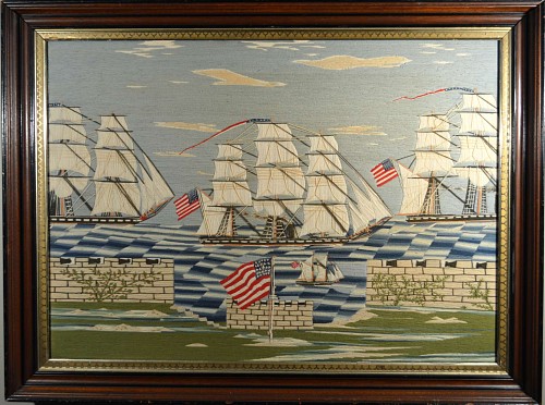 Sailor's Woolwork American Sailor's Woolwork Woolie  of a Fleet of American Frigates sailing Past an American Fort,, Circa 1870. SOLD •