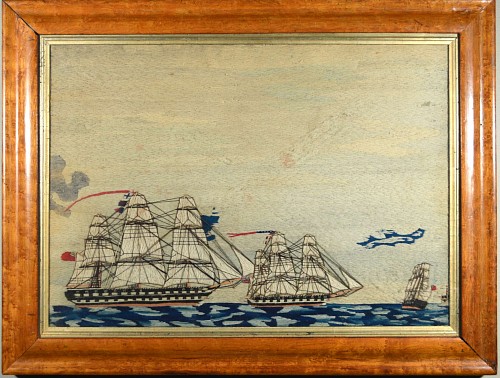 Sailor's Woolwork Sailor's Woolwork Woolie of Three Ships, One American,, Circa 1865-75. SOLD •