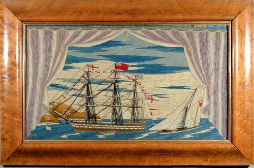 Sailor's Woolwork Sailor's Woolwork Woolie of a Second Rate Royal Navy Battleship and Sloop of War,, Circa 1865-75. SOLD •