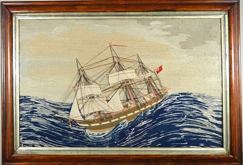 Sailor's Woolwork English Sailor's Woolwork Picture of A Royal Navy Ship in Extreme Weather., Circa 1865-70. SOLD •