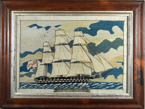 Sailor's Woolwork English Sailor's Woolwork Woolie Picture of the Named St. Jean d' Arcre, 101 Guns,, Circa 1860-70. SOLD •