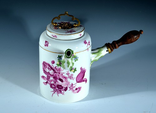 Meissen Meissen Gilt-Metal Mounted Porcelain Puce Camaieu Chocolate Pot and Cover, Circa 1760 SOLD •