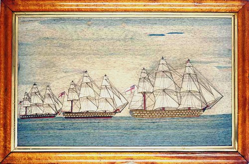 Sailor's Woolwork Sailor's Large Woolwork Woolie of Three Royal Navy Ships with Trapunto Sails,  Circa 1865-75. SOLD •
