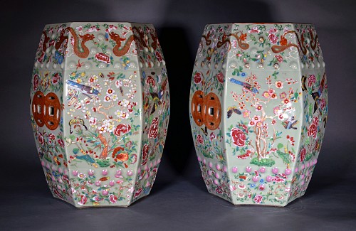 Chinese Export Porcelain Chinese Export Celedon Garden Seats with Famille rose botanical Decoration, 1850-60 SOLD •