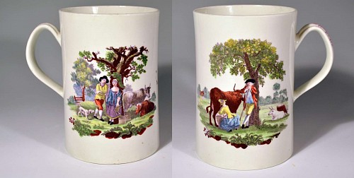 Inventory: First Period Worcester Porcelain First Period Worcester Polychrome Porcelain Tankard Decoarated with Printed Scenes-The Milking Scene (No.1) and Rural Lovers on the Reverse, Circa 1768 $2,750